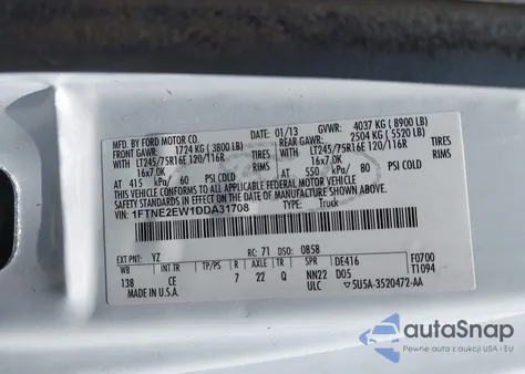 2013 Ford Econoline from USA, damaged, VIN 1FTNE2EW1DDA31708